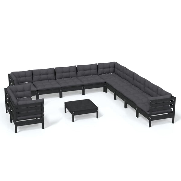 vidaXL 12-Piece Garden Lounge Set with Cushions Black Solid Pine Wood