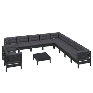 vidaXL 12-Piece Garden Lounge Set with Cushions Black Solid Pine Wood