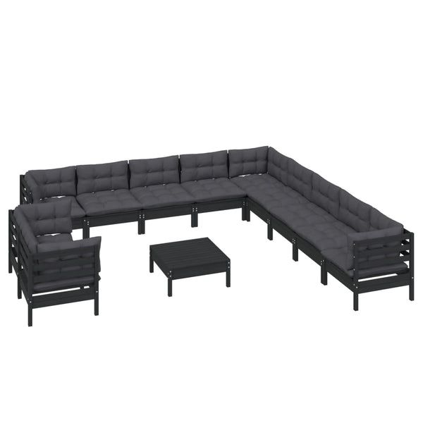 vidaXL 12-Piece Garden Lounge Set with Cushions Black Solid Pine Wood