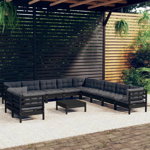 vidaXL 12-Piece Garden Lounge Set with Cushions Black Solid Pine Wood