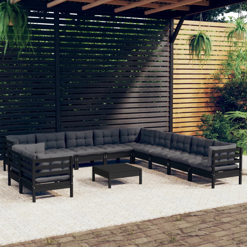 vidaXL 12-Piece Garden Lounge Set with Cushions Black Solid Pine Wood
