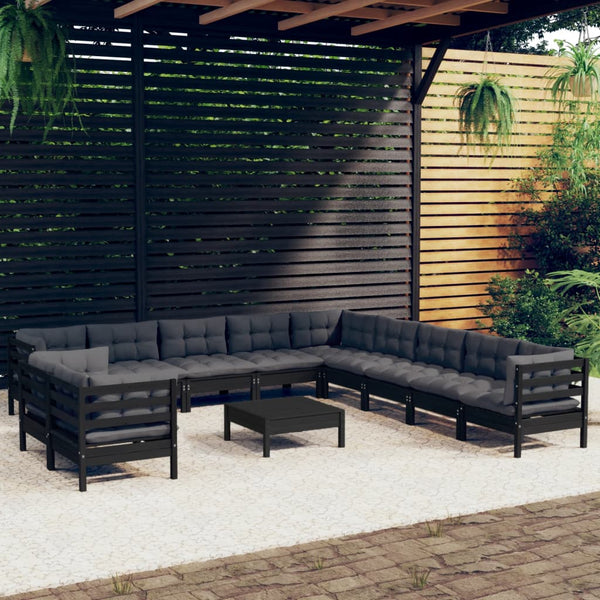 vidaXL 12-Piece Garden Lounge Set with Cushions Black Solid Pine Wood