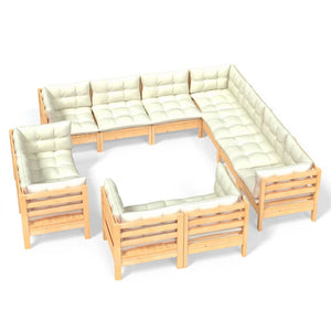 vidaXL 11-Piece Garden Lounge Set with Cream Cushions Solid Pine Wood