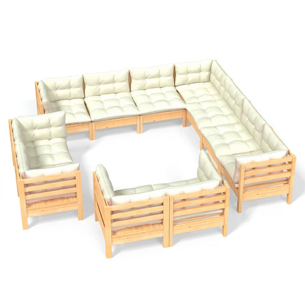 vidaXL 11-Piece Garden Lounge Set with Cream Cushions Solid Pine Wood