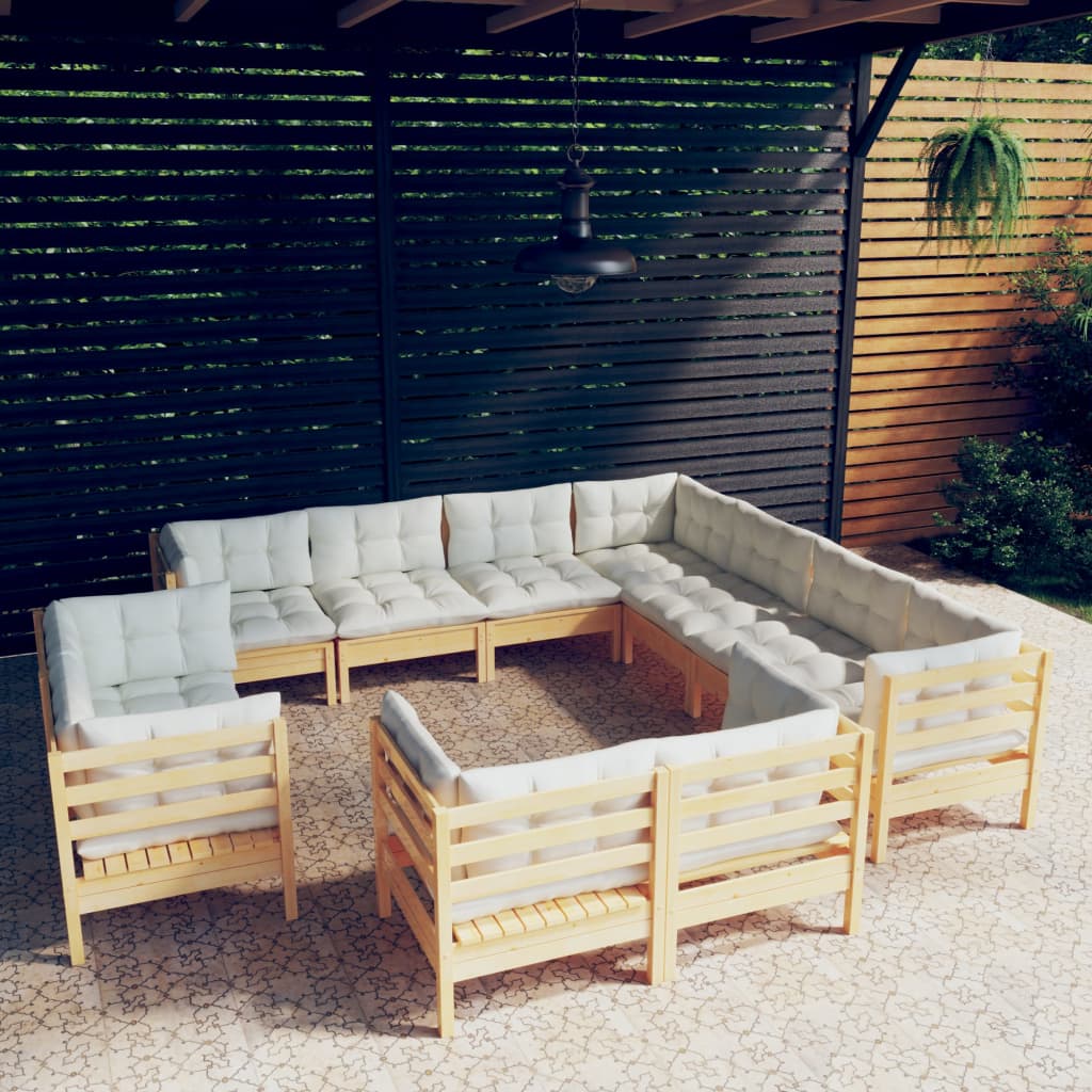 vidaXL 11-Piece Garden Lounge Set with Cream Cushions Solid Pine Wood