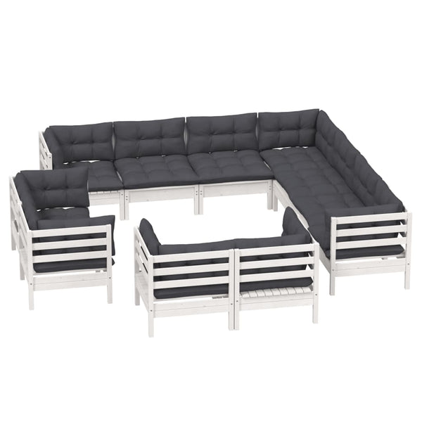 vidaXL 11-pc. Garden Lounge Set with Cushions White Solid Pine Wood
