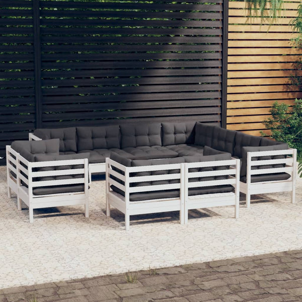 vidaXL 11-pc. Garden Lounge Set with Cushions White Solid Pine Wood