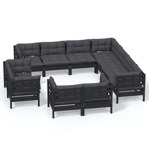 vidaXL 11-Piece Garden Lounge Set with Cushions Black Solid Pine Wood