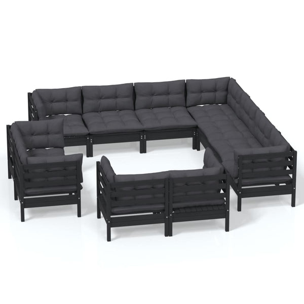 vidaXL 11-Piece Garden Lounge Set with Cushions Black Solid Pine Wood