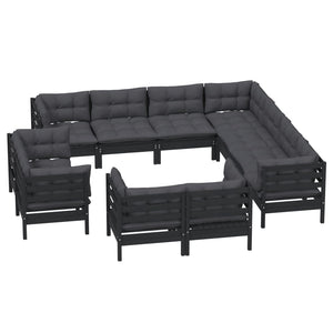 vidaXL 11-Piece Garden Lounge Set with Cushions Black Solid Pine Wood