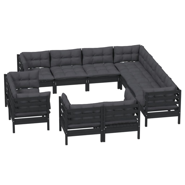 vidaXL 11-Piece Garden Lounge Set with Cushions Black Solid Pine Wood