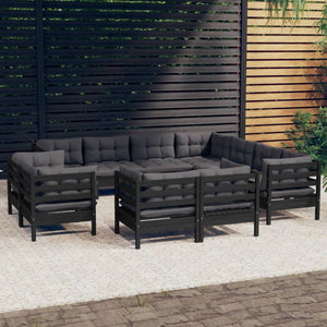 vidaXL 11-Piece Garden Lounge Set with Cushions Black Solid Pine Wood