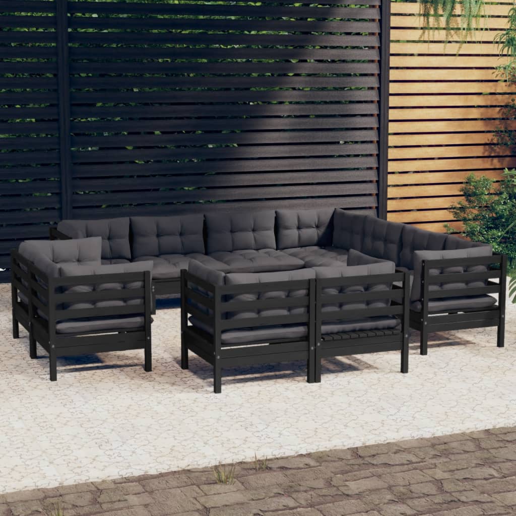 vidaXL 11-Piece Garden Lounge Set with Cushions Black Solid Pine Wood