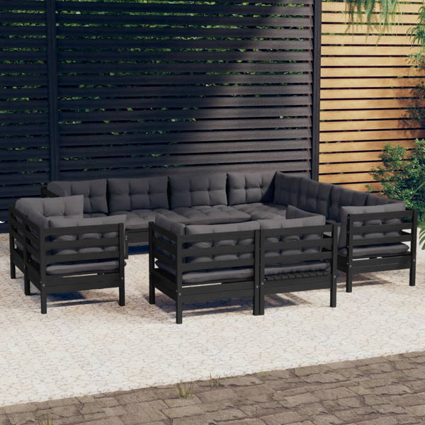 vidaXL 11-Piece Garden Lounge Set with Cushions Black Solid Pine Wood
