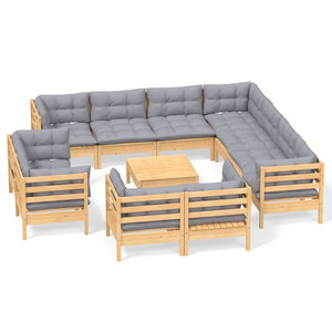 vidaXL 12-piece Garden Lounge Set with Grey Cushions Solid Pine Wood