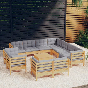 vidaXL 12-piece Garden Lounge Set with Grey Cushions Solid Pine Wood