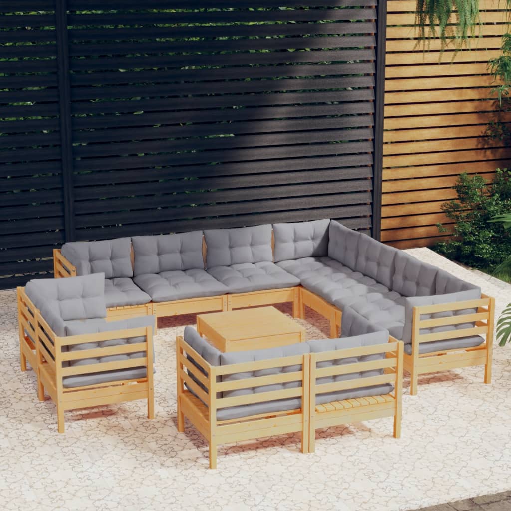 vidaXL 12-piece Garden Lounge Set with Grey Cushions Solid Pine Wood