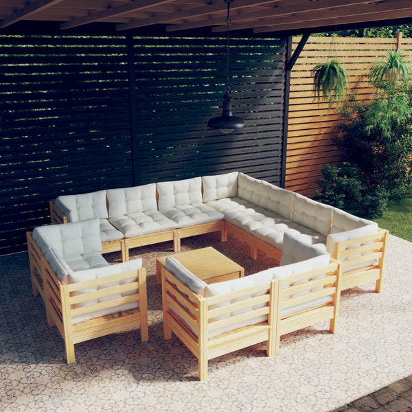vidaXL 12-piece Garden Lounge Set with Cream Cushions Solid Pine Wood
