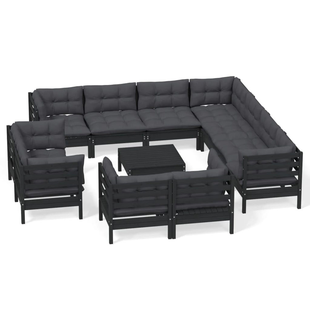 vidaXL 12-Piece Garden Lounge Set with Cushions Black Solid Pine Wood