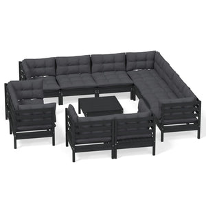 vidaXL 12-Piece Garden Lounge Set with Cushions Black Solid Pine Wood