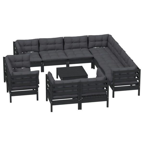 vidaXL 12-Piece Garden Lounge Set with Cushions Black Solid Pine Wood