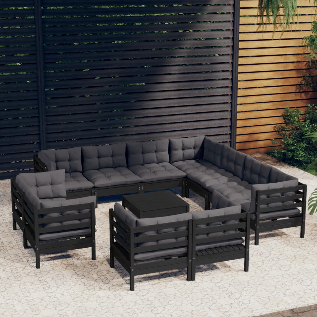 vidaXL 12-Piece Garden Lounge Set with Cushions Black Solid Pine Wood
