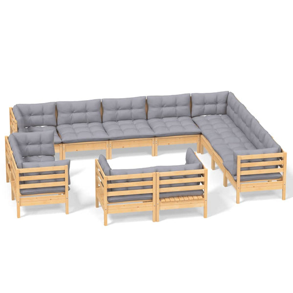 vidaXL 12-piece Garden Lounge Set with Grey Cushions Solid Pine Wood