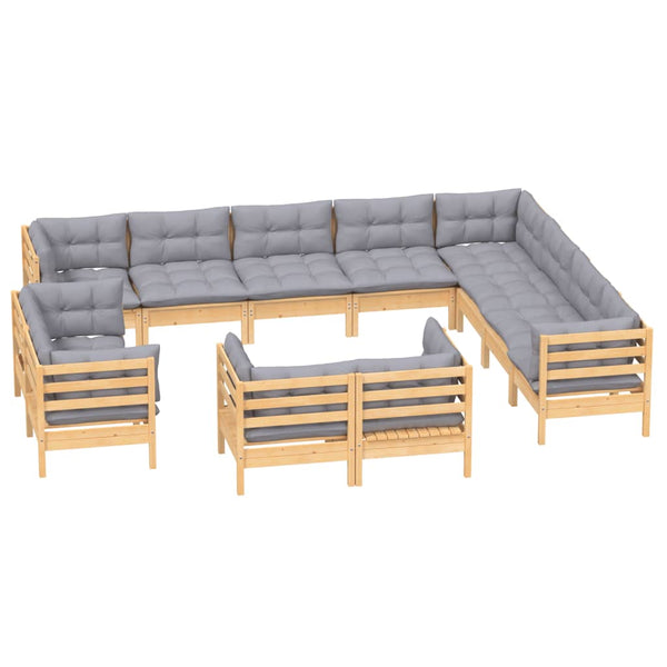 vidaXL 12-piece Garden Lounge Set with Grey Cushions Solid Pine Wood
