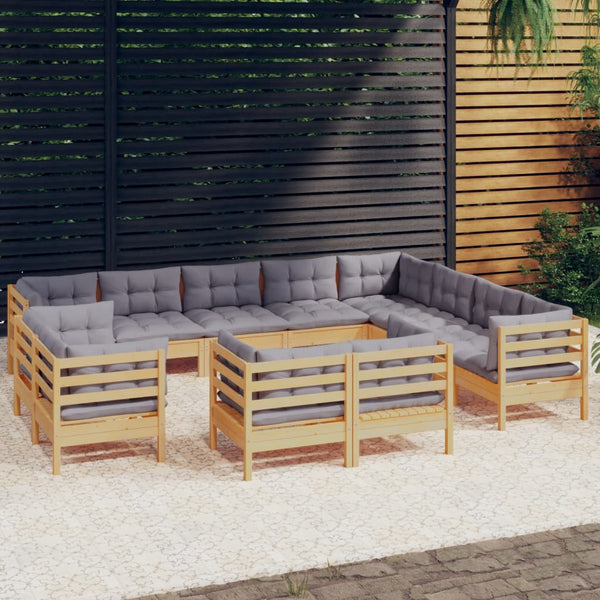 vidaXL 12-piece Garden Lounge Set with Grey Cushions Solid Pine Wood