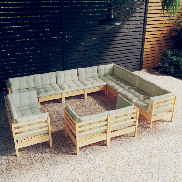 vidaXL 12-piece Garden Lounge Set with Cream Cushions Solid Pine Wood