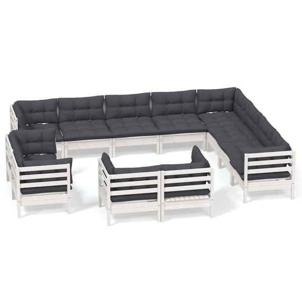 vidaXL 12-piece Garden Lounge Set with Cushions White Solid Pine Wood