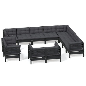 vidaXL 12-Piece Garden Lounge Set with Cushions Black Solid Pine Wood
