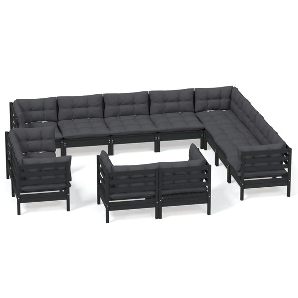 vidaXL 12-Piece Garden Lounge Set with Cushions Black Solid Pine Wood