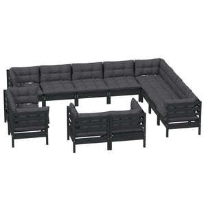 vidaXL 12-Piece Garden Lounge Set with Cushions Black Solid Pine Wood