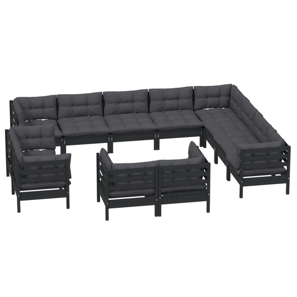 vidaXL 12-Piece Garden Lounge Set with Cushions Black Solid Pine Wood