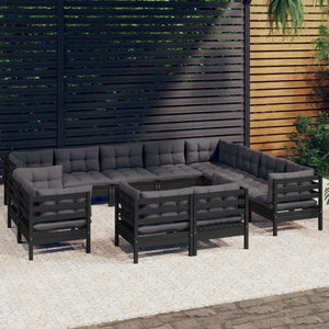 vidaXL 12-Piece Garden Lounge Set with Cushions Black Solid Pine Wood