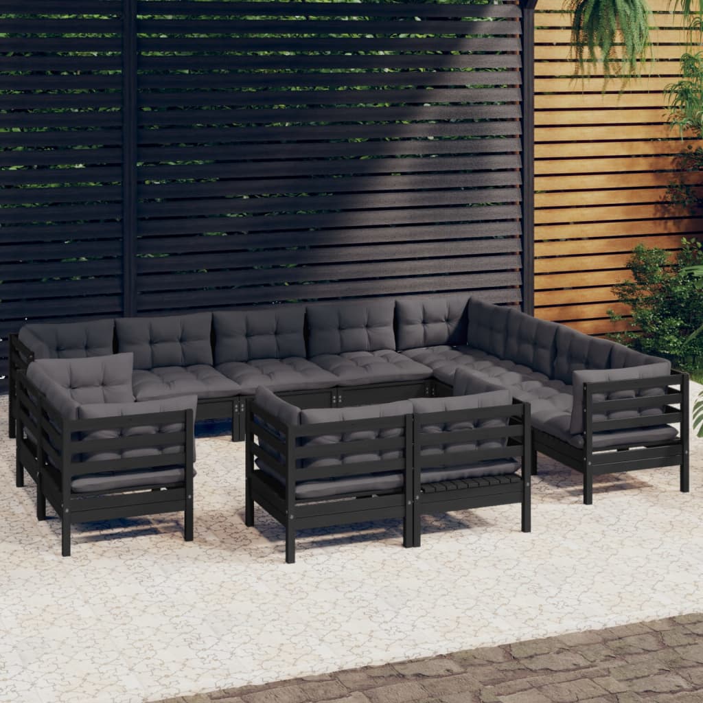 vidaXL 12-Piece Garden Lounge Set with Cushions Black Solid Pine Wood
