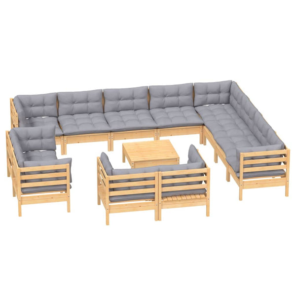 vidaXL 13-Piece Garden Lounge Set with Grey Cushions Solid Pine Wood