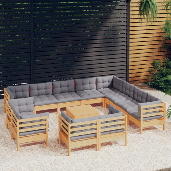 vidaXL 13-Piece Garden Lounge Set with Grey Cushions Solid Pine Wood