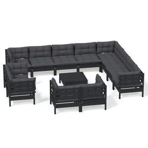 vidaXL 13-Piece Garden Lounge Set with Cushions Black Solid Pine Wood
