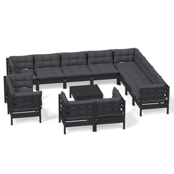 vidaXL 13-Piece Garden Lounge Set with Cushions Black Solid Pine Wood