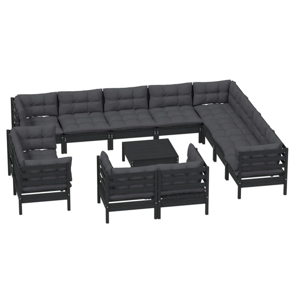 vidaXL 13-Piece Garden Lounge Set with Cushions Black Solid Pine Wood
