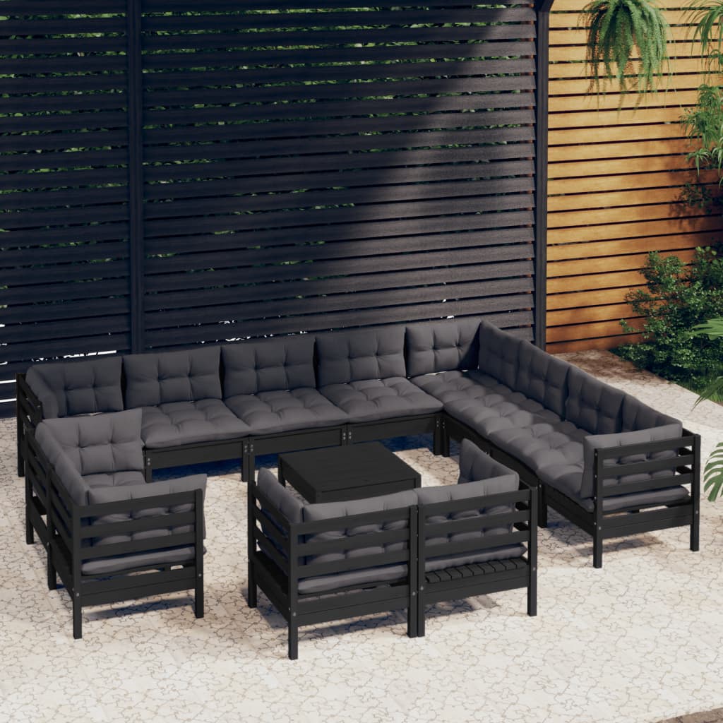 vidaXL 13-Piece Garden Lounge Set with Cushions Black Solid Pine Wood
