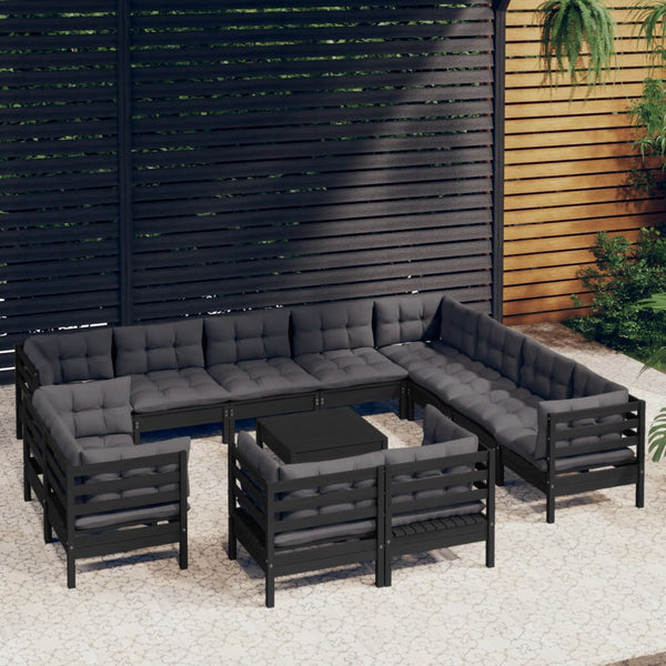 vidaXL 13-Piece Garden Lounge Set with Cushions Black Solid Pine Wood
