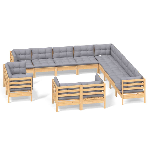 vidaXL 13-Piece Garden Lounge Set with Grey Cushions Solid Pine Wood
