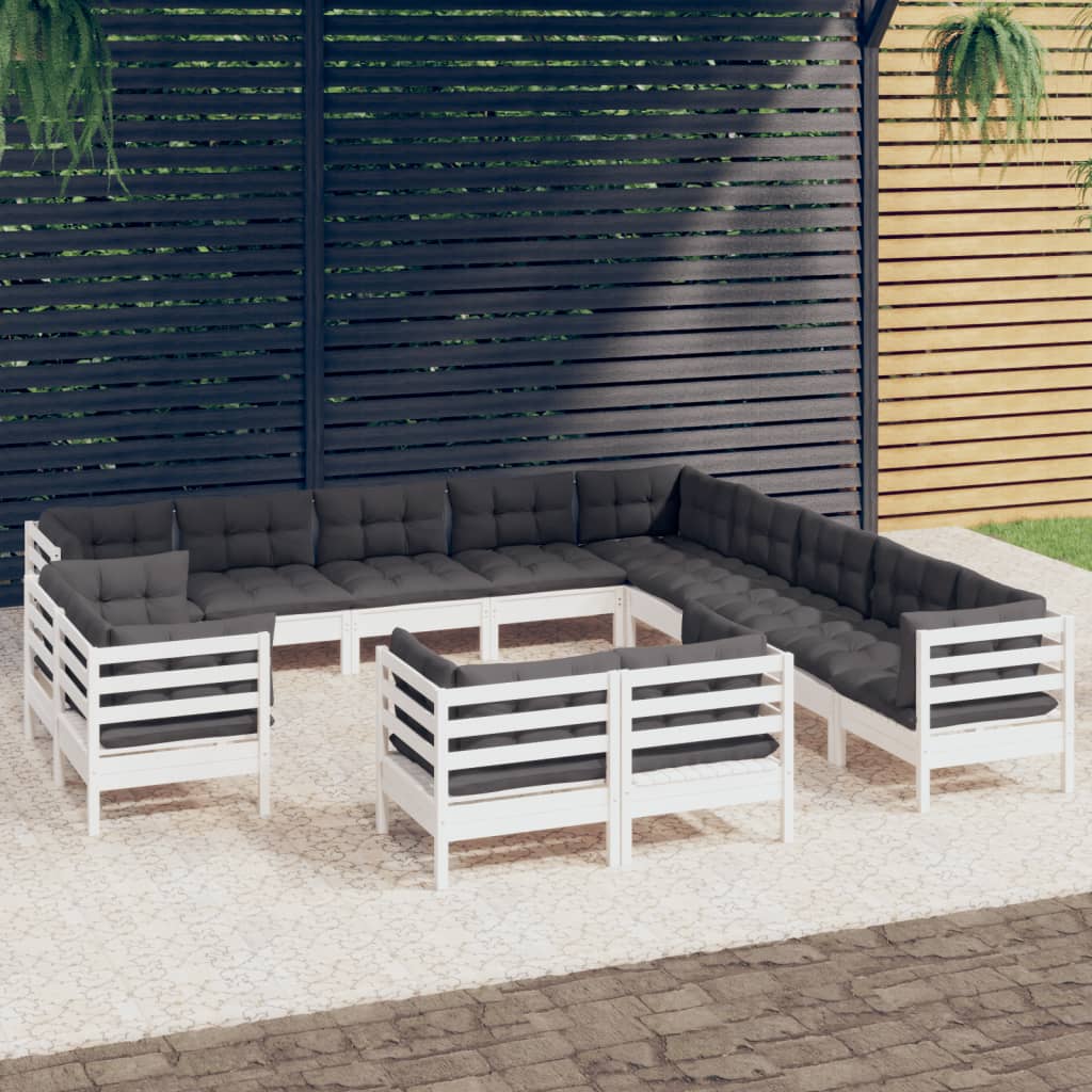 vidaXL 13-Piece Garden Lounge Set with Cushions White Solid Pine Wood