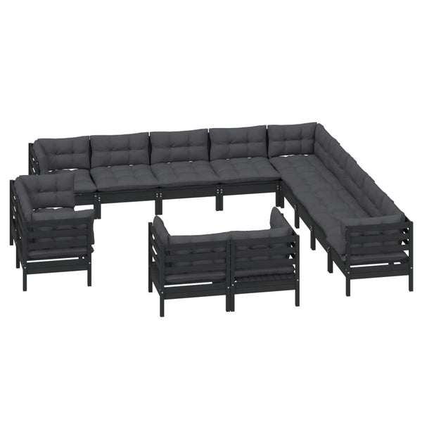 vidaXL 13-Piece Garden Lounge Set with Cushions Black Solid Pine Wood