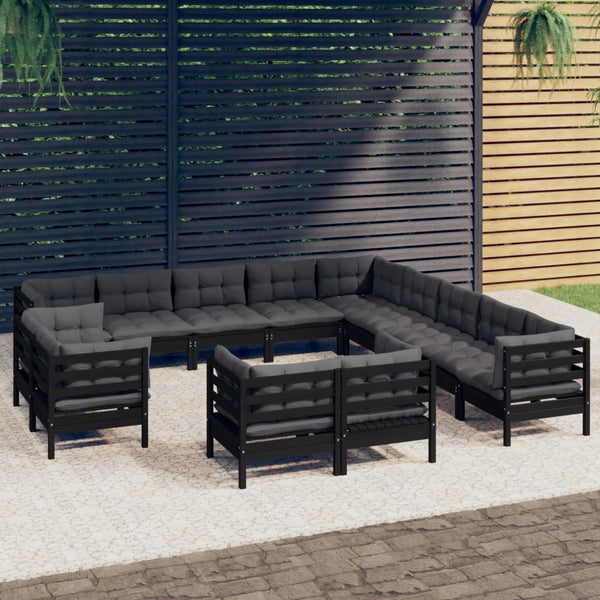 vidaXL 13-Piece Garden Lounge Set with Cushions Black Solid Pine Wood