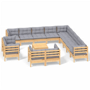 vidaXL 14-Piece Garden Lounge Set with Grey Cushions Solid Pine Wood