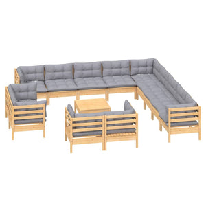 vidaXL 14-Piece Garden Lounge Set with Grey Cushions Solid Pine Wood